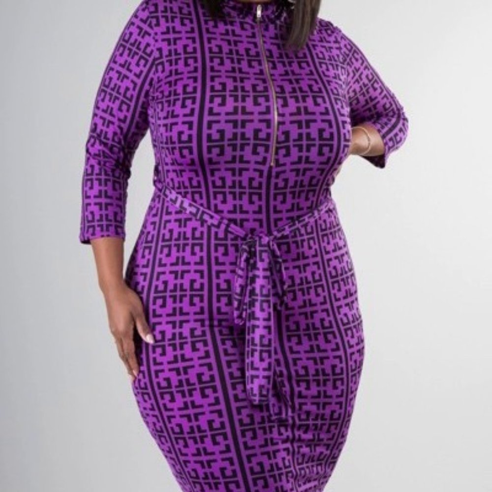 Midi length dress with Greek Key Design- Purple